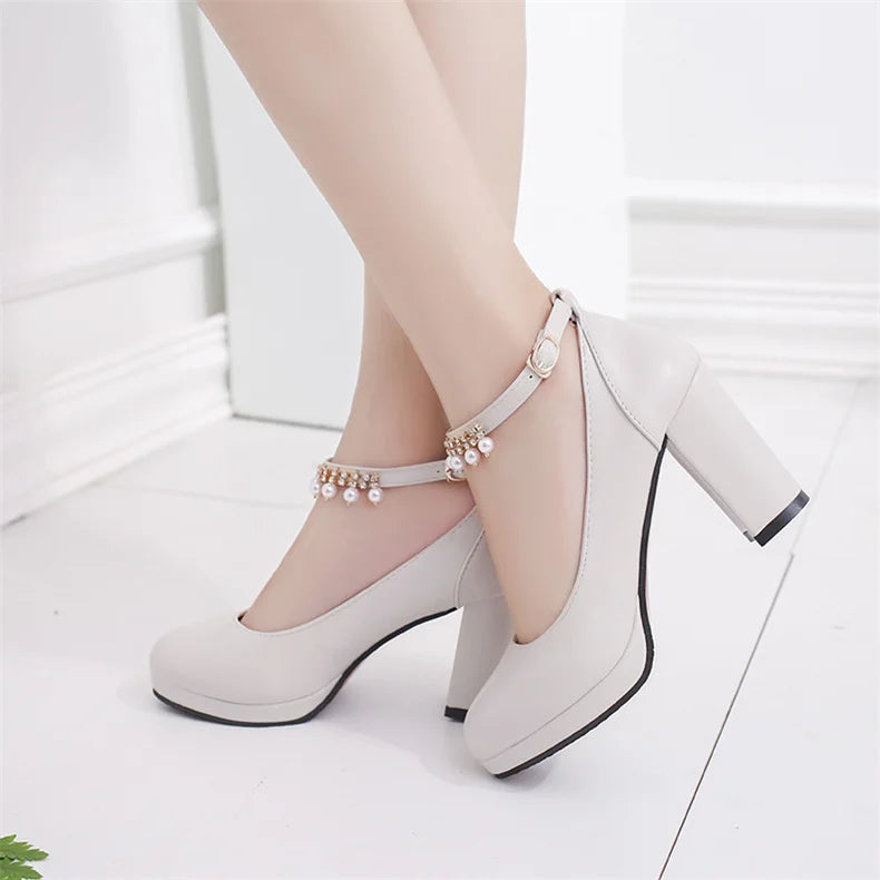 Women's Wedding Shoes String Bead Ankle Strap Elegant Middle High Heel Dress Platform Bridal Pearl Pumps 8cm 2023 Autumn Leather