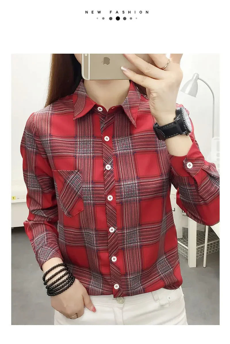 2024 Autumn New College Style Plaid Shirts Womens Long sleeve Button Down Casual Tops Loose Fashion Polo Neck Blouses