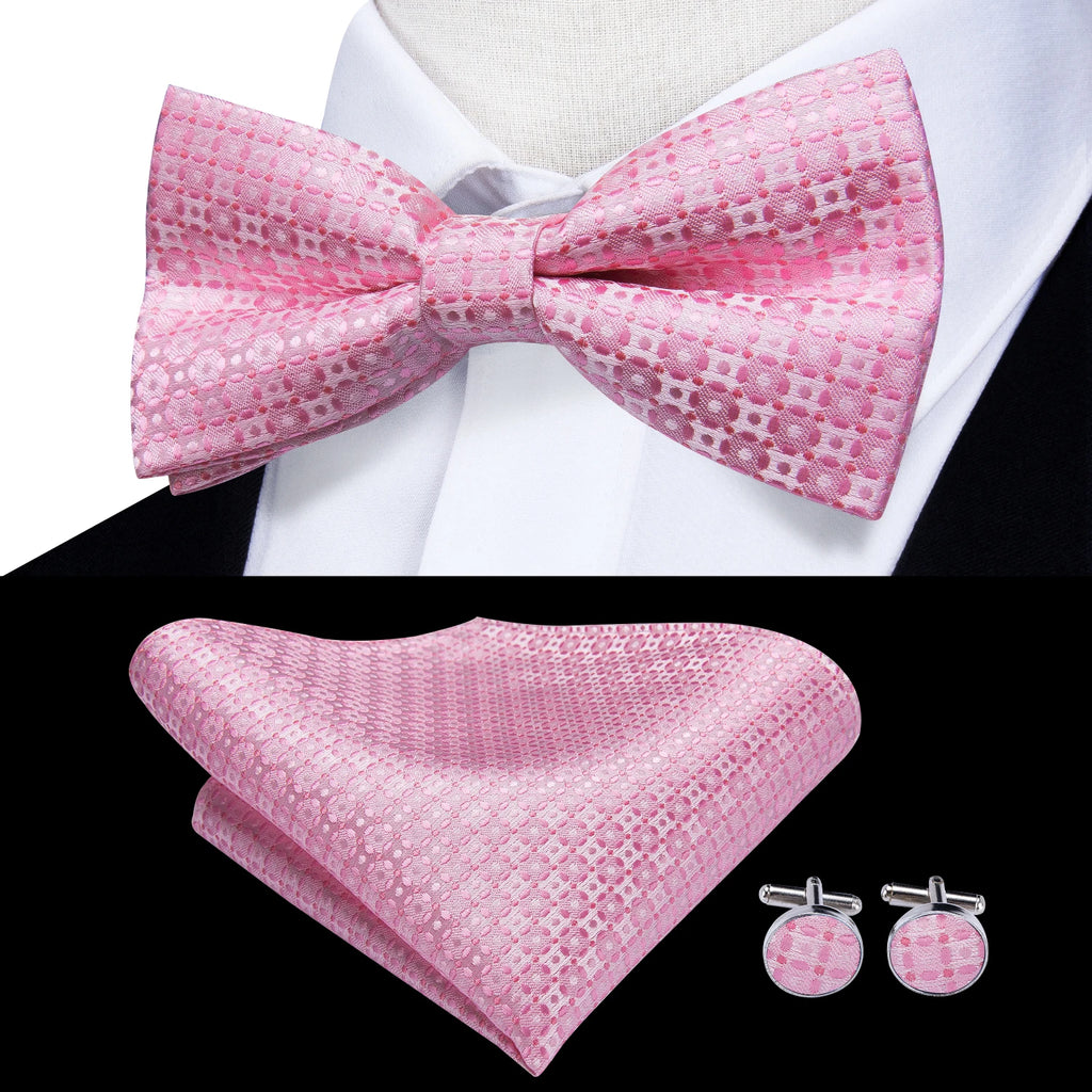 Hi-Tie Pink Dot Silk Mens Pre-tied Bow Tie Hanky Cufflink Set Dusty Pink Butterfly Knot Bowtie for Male Wedding Business