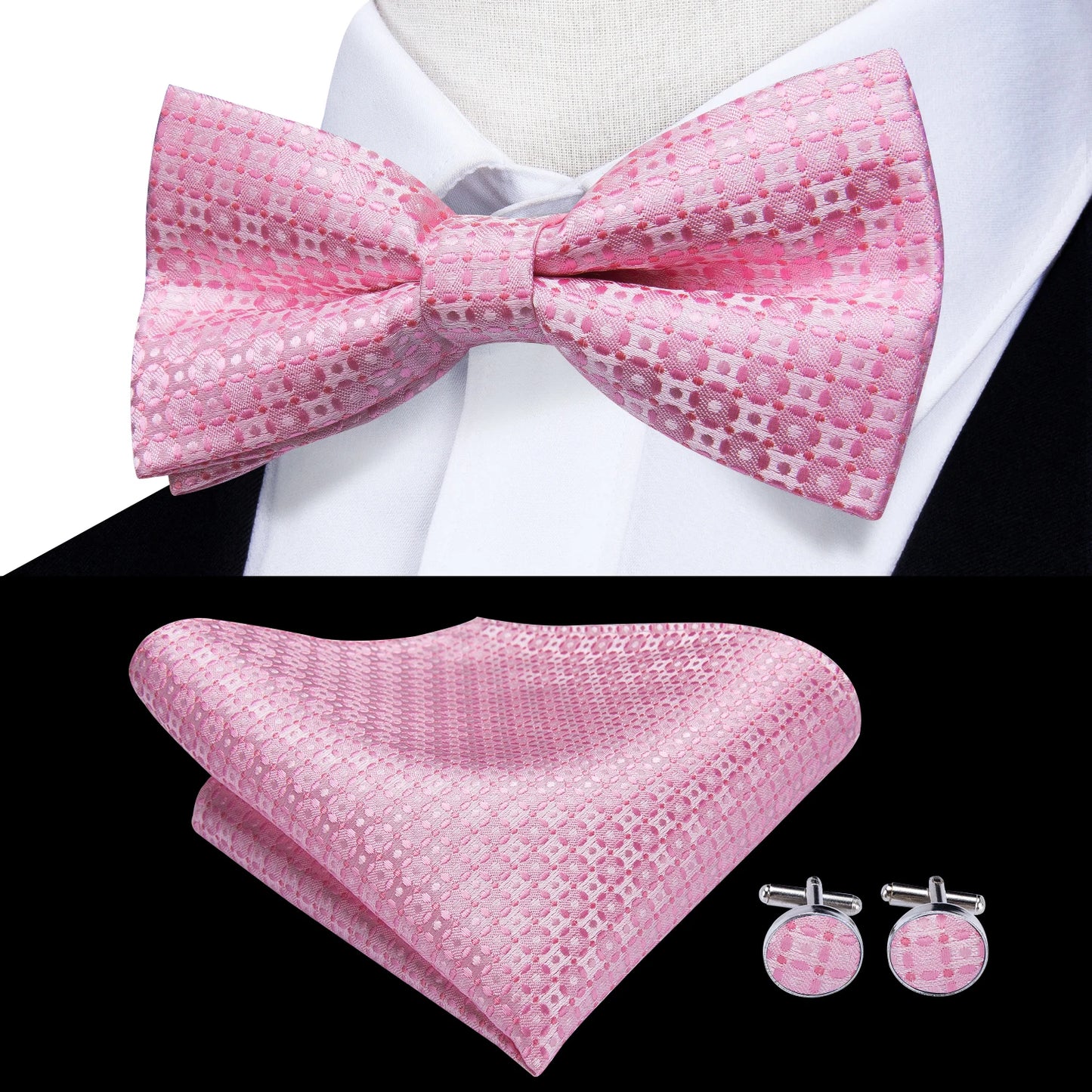 Hi-Tie Pink Dot Silk Mens Pre-tied Bow Tie Hanky Cufflink Set Dusty Pink Butterfly Knot Bowtie for Male Wedding Business
