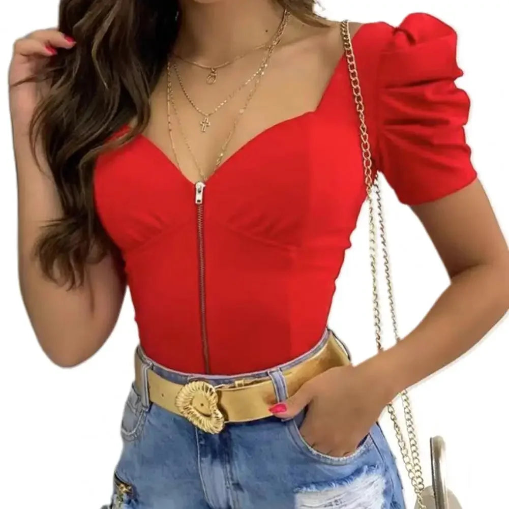 Spring New Fashion Casual Sexy Female Clothing T-Shirts Pullover Tops Floral Pattern Puff Sleeve Women Top