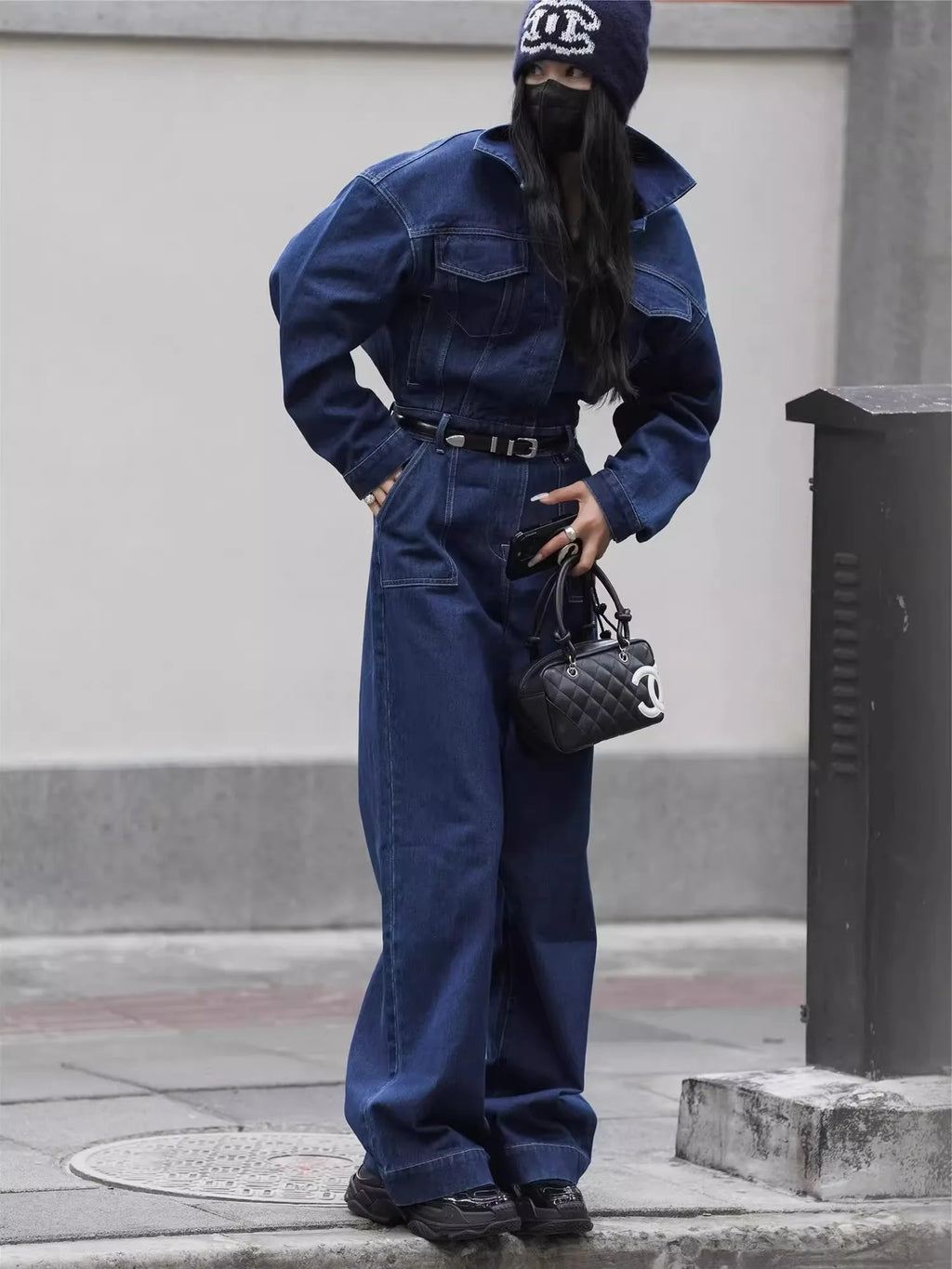 Blue Design Denim Jumpsuit Women'S Spring And Autumn Collar Fashionable Workwear Large Pocket Loose Pants