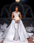 Customized Spark Heavy Crystals Beads Mermaid Wedding Dress with Removable Satin Skirt Full Sleeves Button Back Bridal Gown Robe