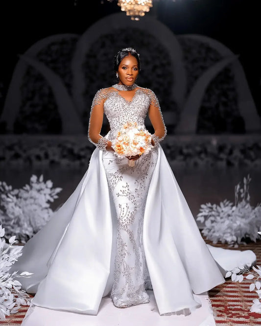 Customized Spark Heavy Crystals Beads Mermaid Wedding Dress with Removable Satin Skirt Full Sleeves Button Back Bridal Gown Robe