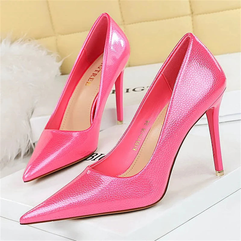 BIGTREE Elegant Simple Woman Heels Slim Heels High Heels Shallow Mouth Pointed Crystal Patent Leather Single Shoes  Women Shoes