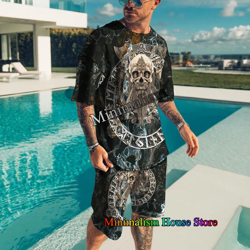 Summer Clothes For Men Vintage Tshirt Shorts 2 Pieces Set Men's Oversized Tracksuit Skull 3D Print Street Men Sets Short Outfits