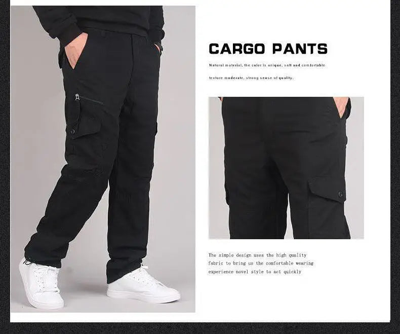 Autumn Winter Mens Cargo Pants Fleece Warm Trousers Cotton Pants Insulated Hiking Running Pants Man Multiple Pockets