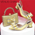 Med Heel Shoes for Women Hollowed Out Embroidery Rhinestone Italian Design Olive-green Color Pointed-Toe Shoes and Bags Set