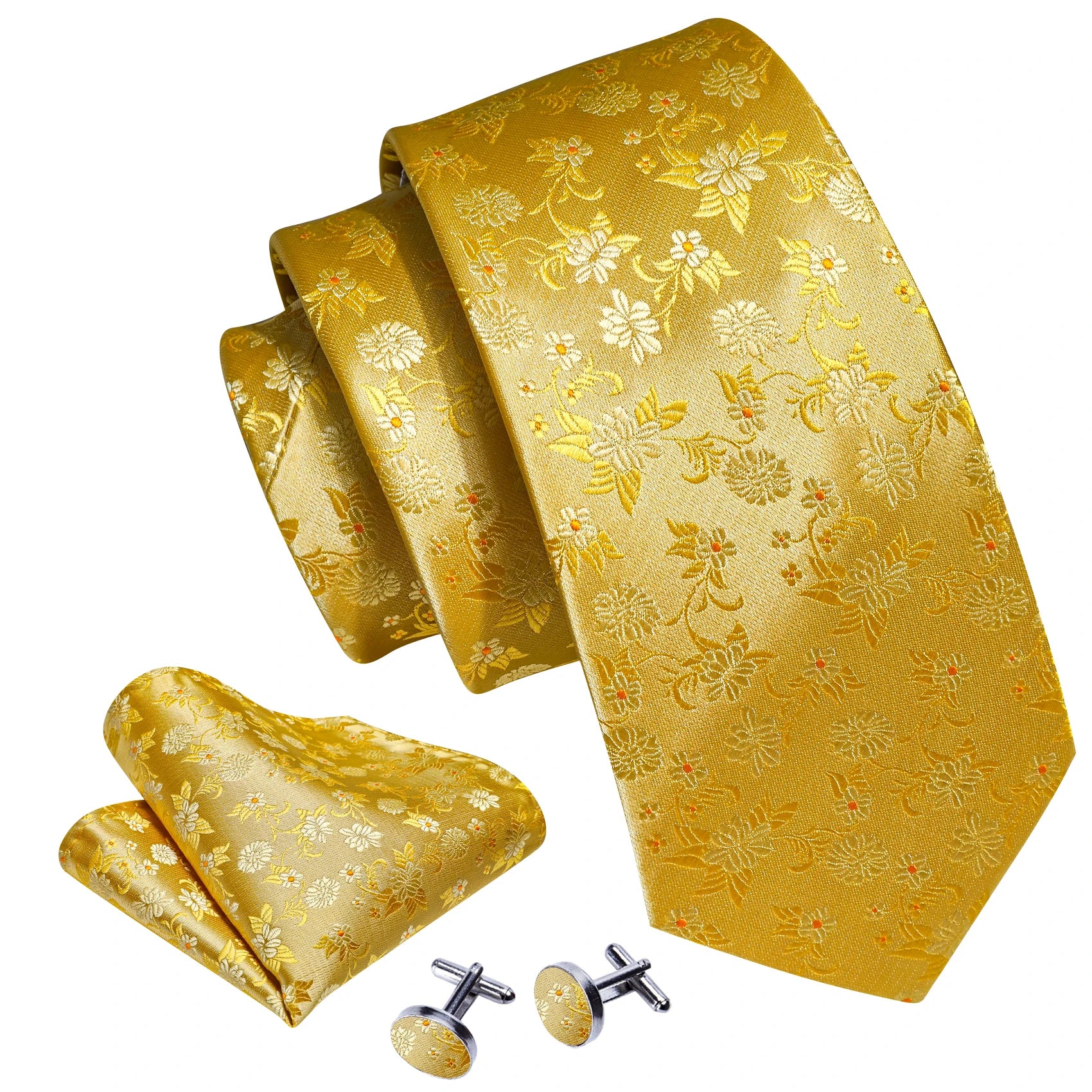 Barry.Wang Gold Silk Mens Tie Hanky Cufflinks Set Yellow Beige Orange Luxury Jacquard Necktie For Male Wedding Business Party