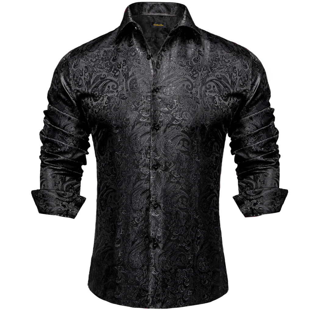 DiBanGu Silk Polyester Dress Shirts for Men Black Solid Paisley Red Silver Long Sleeve Turn Down Collar Prom Social Men's Shirt