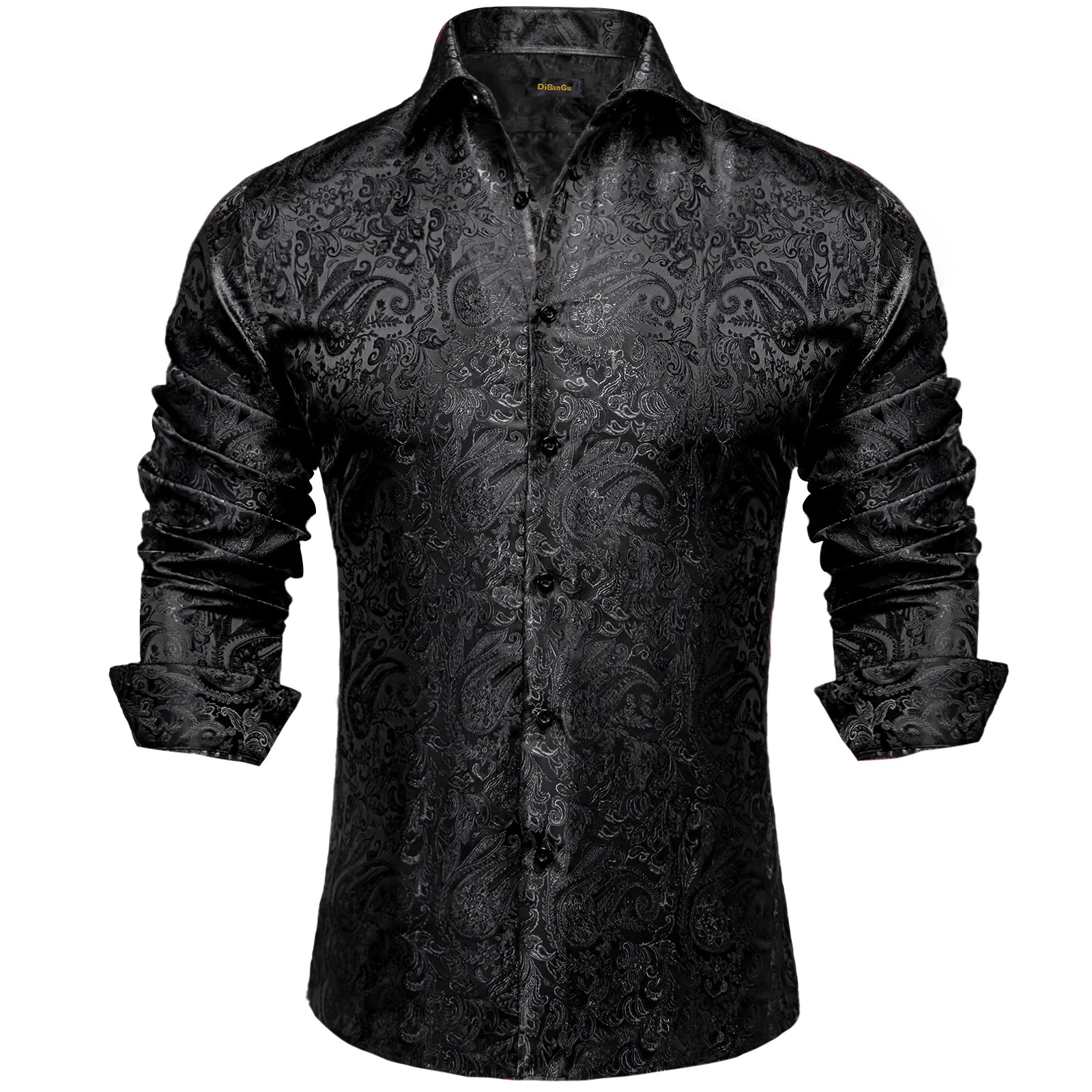 DiBanGu Silk Polyester Dress Shirts for Men Black Solid Paisley Red Silver Long Sleeve Turn Down Collar Prom Social Men's Shirt