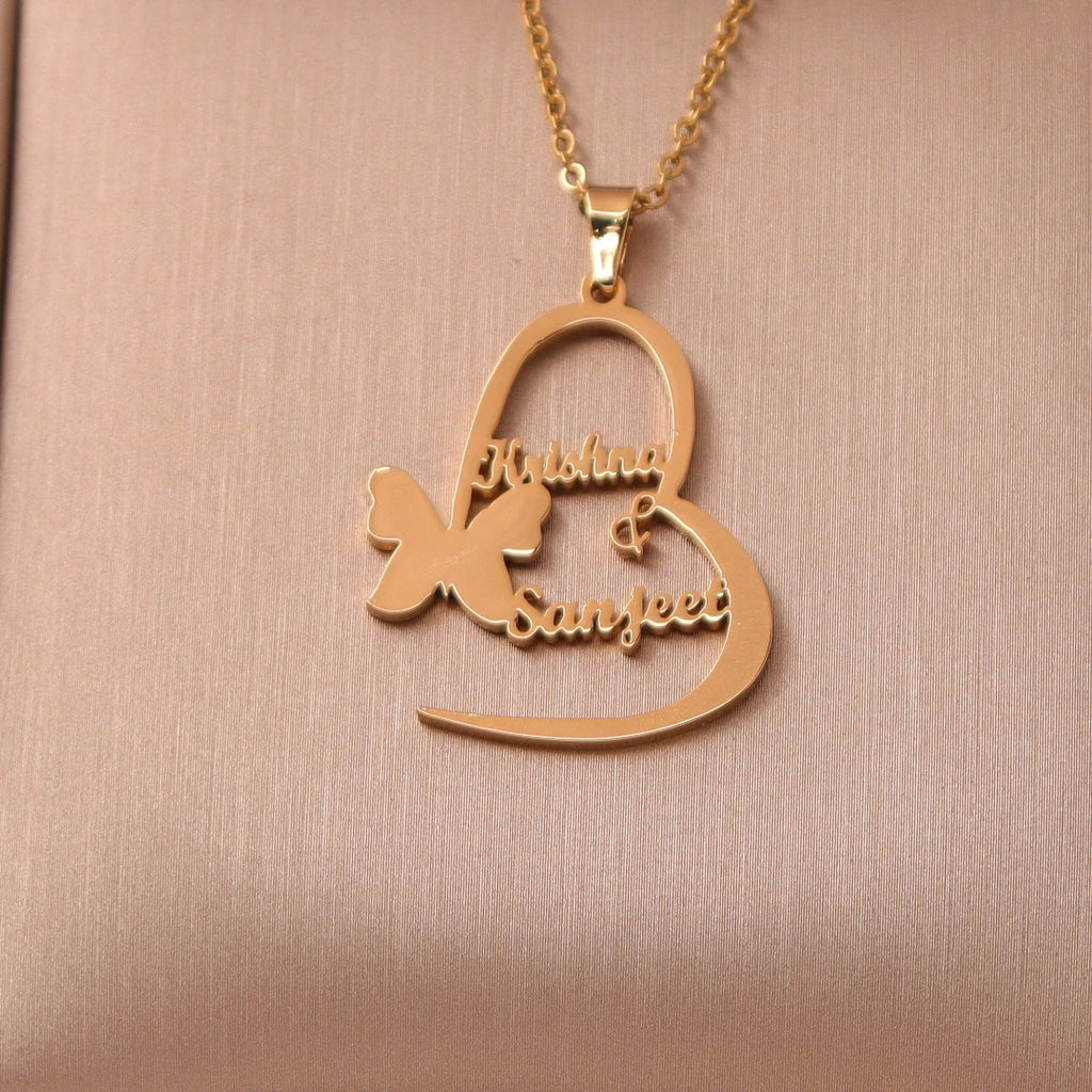 Personalized Customized Butterfly Name Necklace Stainless Steel  Heart Custom Nameplate Necklace For Women Jewelry Gift