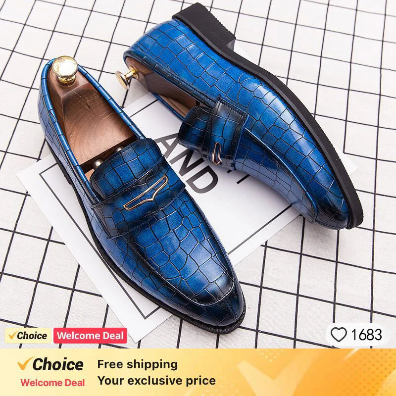Men's Crocodile Pattern Black Loafers – Pointed Toe Slip-On Wedding Oxford