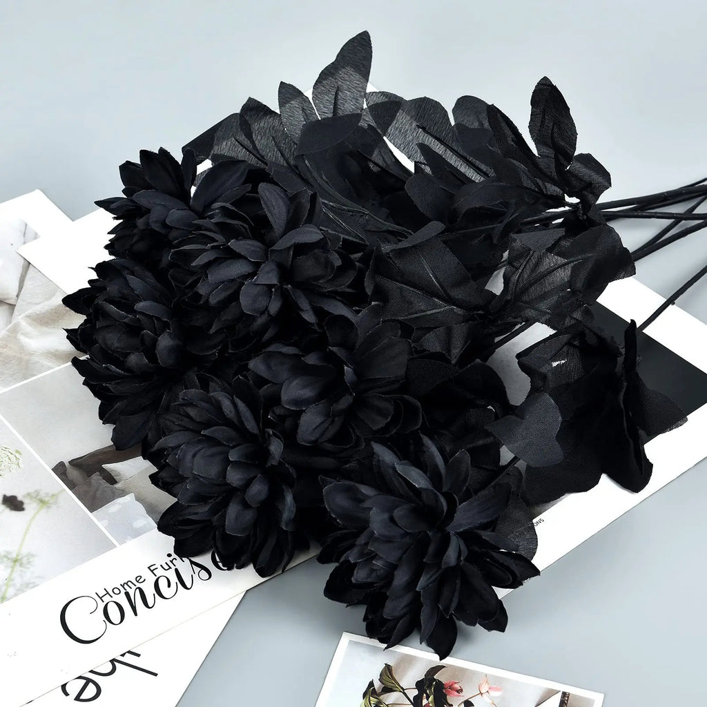 Halloween Decoration Burgundry Dahlia Black Artificial Flower Branch Arrangement Materials Fake Flower Table Home Party Decor