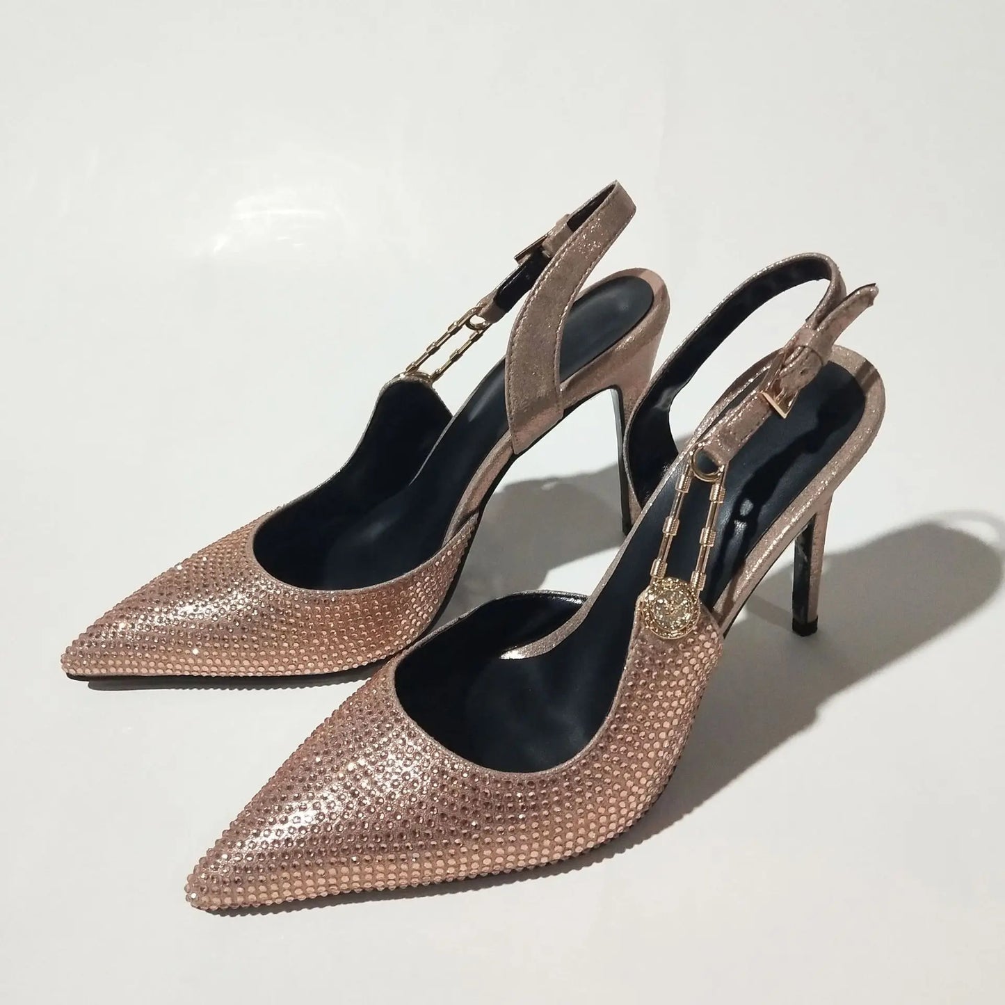2025Women's Sexy Silk Rhinestone Pumps Belt Buckle Back Hollow Pointed Toe Thin Heel Sandals Pumps Female High Heels Party Shoes