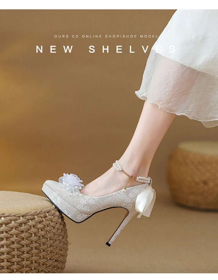 High heels, women's wedding shoes, Hexiu, two pairs of thick heels, beautiful ankle rings, pearl straps, bridal shoes