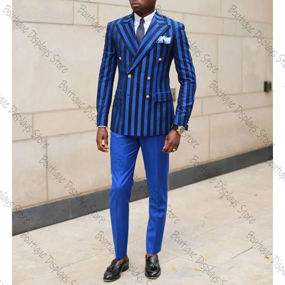 Blue and Black Stripes Double Breasted Men Suit Two Pieces(Jacket+Pants) Outfits Casual Party Prom Wedding Set