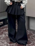 Fake Two-piece Wide Leg Pants for Women Korean Black Plain Cleanfit Casual Pleated Skirt Suit Trousers Streetwear 2025 New