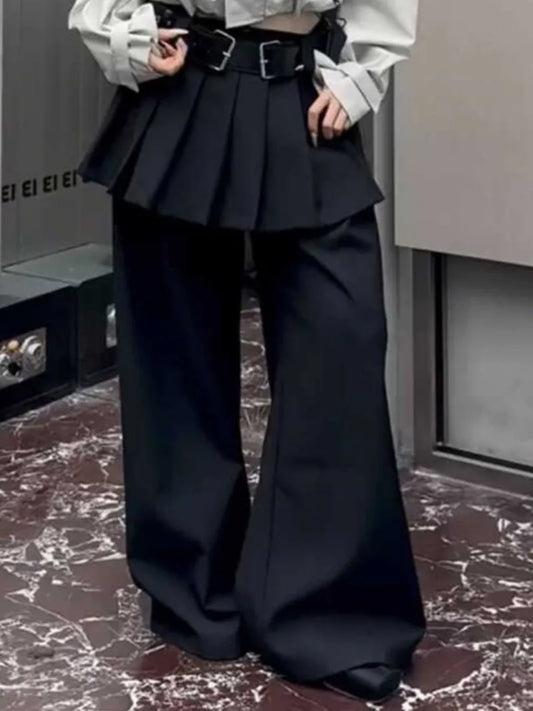 Fake Two-piece Wide Leg Pants for Women Korean Black Plain Cleanfit Casual Pleated Skirt Suit Trousers Streetwear 2025 New