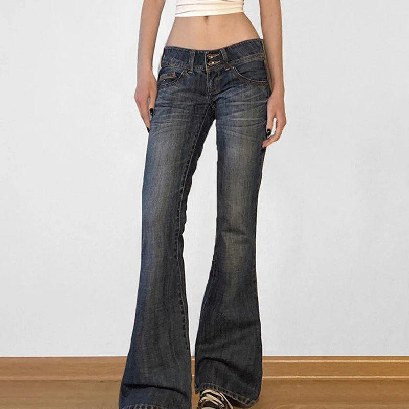 Cuteandpsycho Fashion Low Waisted Washed Flared Jeans Button Harajuku Aesthetic Pants Streetwear Basic Slim Pockets Y2K Bottoms