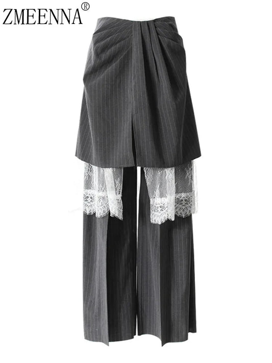 ZMEENNA Gray Stripe Patchwork Skirt Gauze Pants 2 Piece Sets For Women 2025 Spring Fashion Female New Elegant Pants ZM616