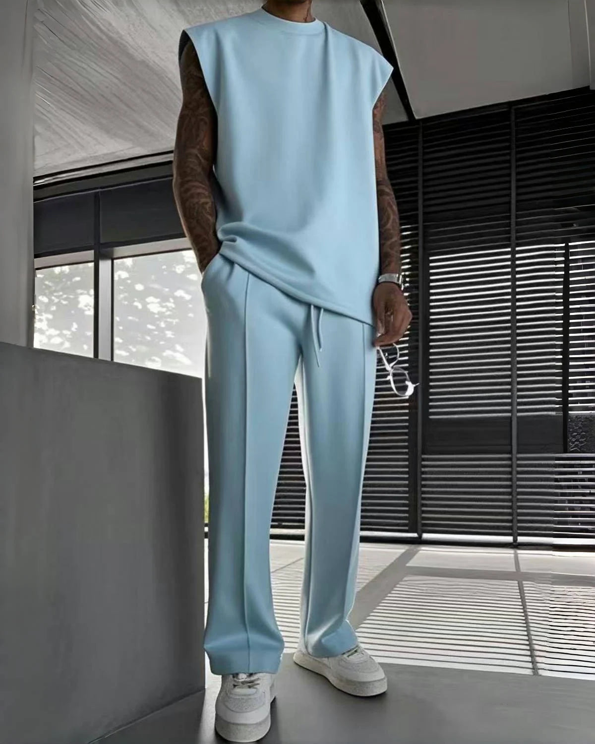 New summer sleeveless sports suit 2025 men's casual solid color trousers men's clothing vest two-piece set,