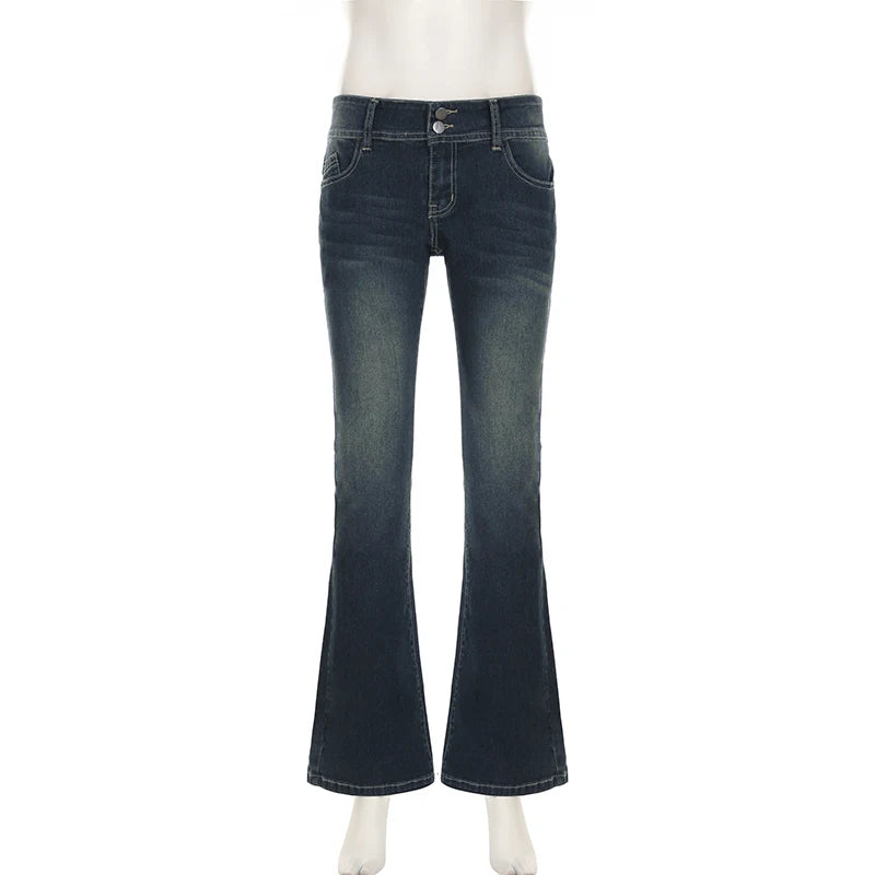 Cuteandpsycho Fashion Low Waisted Washed Flared Jeans Button Harajuku Aesthetic Pants Streetwear Basic Slim Pockets Y2K Bottoms