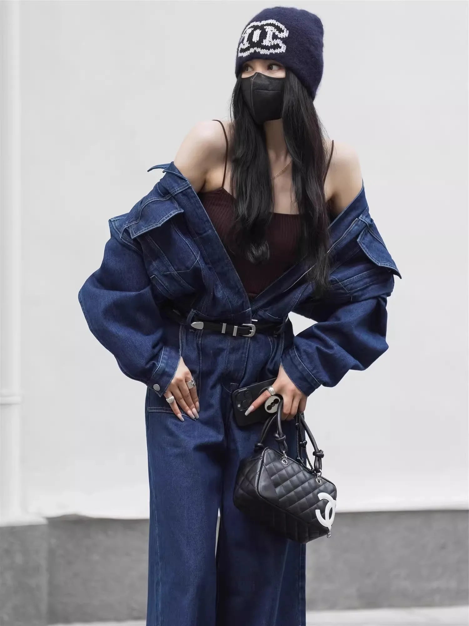 Blue Design Denim Jumpsuit Women'S Spring And Autumn Collar Fashionable Workwear Large Pocket Loose Pants