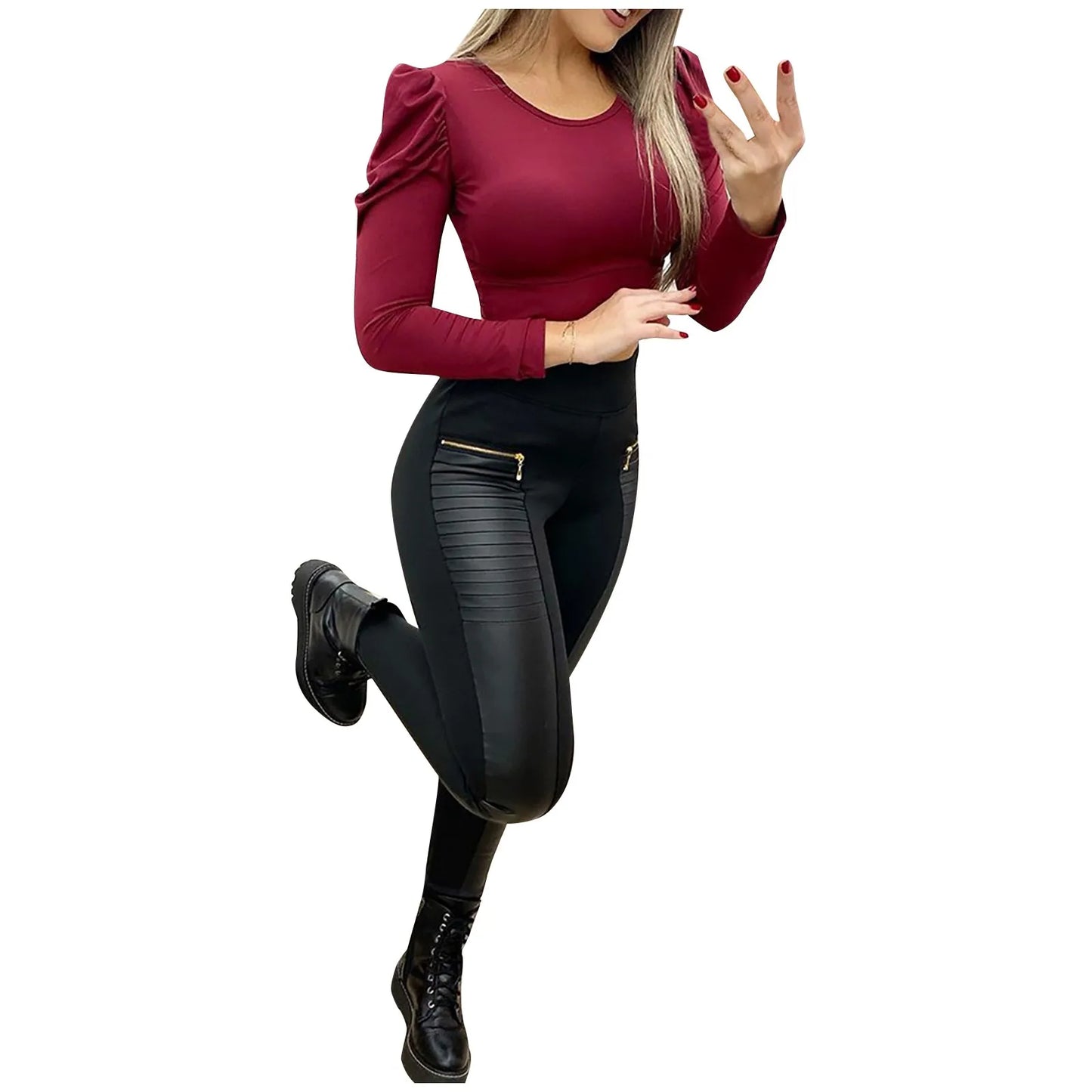 Sexy Fashion Women'S Faux Leather Pants Contrast Zipper Design High Waist Skinny Trousers High Waist Skinny Push Up Leggings