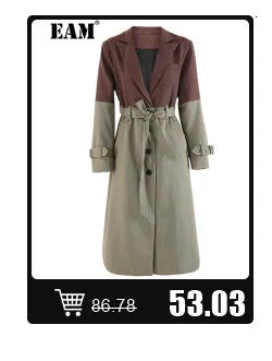 [EAM] Women Beige Irregular Hem Buckle Long Elegant Blazer New Lapel Long Sleeve Jacket Fashion Tide Spring Autumn 2025 CPDB133