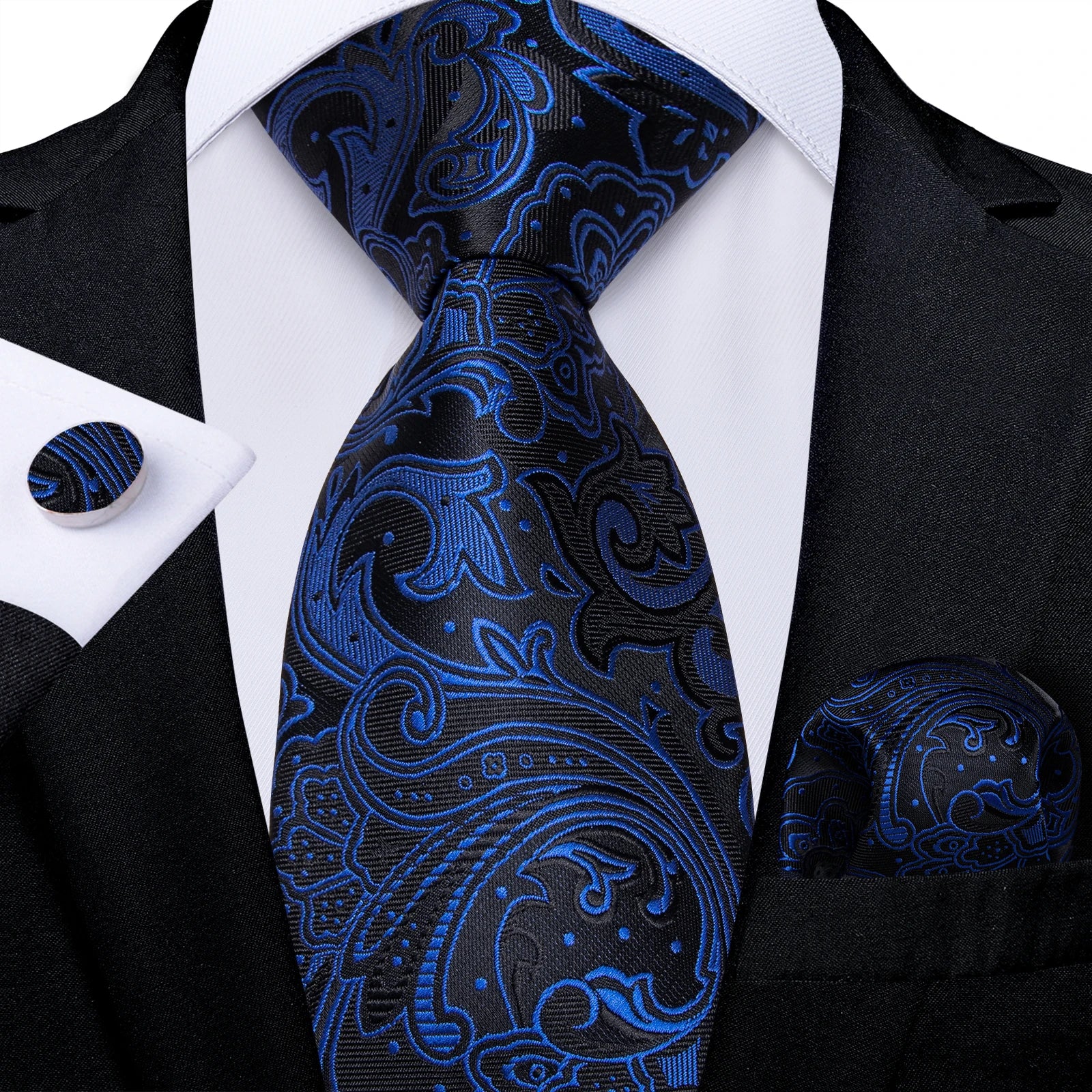 Royal Blue Paisley Plaid Striped Men tie Set with Handkerchief Cufflinks Wedding Prom Groom Accessories Perfect Gift for Men