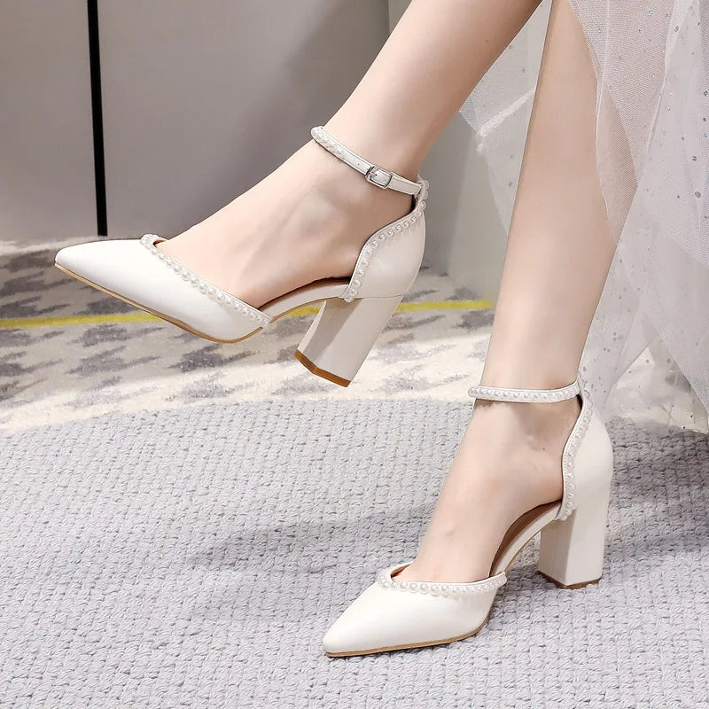 Size 34-48 Pointed Tie High Heels White Bridal Shoes Thick Heel Hollow Handmade Pearls Women's Wedding