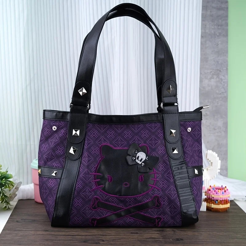 MINISO Sanrio Hello Kitty Vintage Purple Handbag Y2K Gothic Style Multifunctional Underarm Tote Bag Sweet and Spicy Fashion