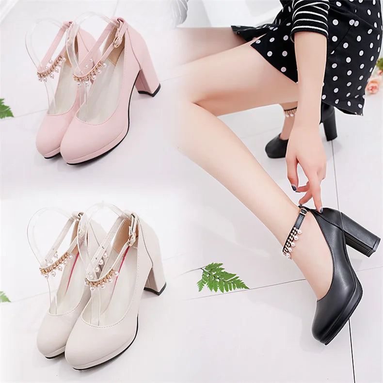 Women's Wedding Shoes String Bead Ankle Strap Elegant Middle High Heel Dress Platform Bridal Pearl Pumps 8cm 2023 Autumn Leather
