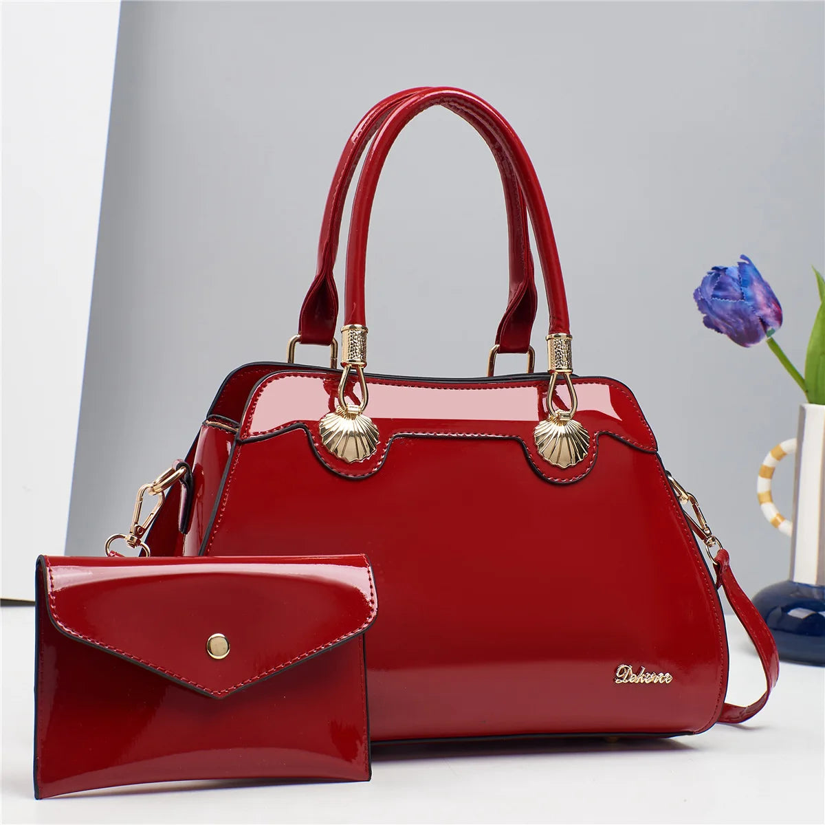 Bright Leather Top-handle Bag For Women Large Capacity Shoulder Bag with Clutch Handbag Purse, Female Shopping Messenger Tote