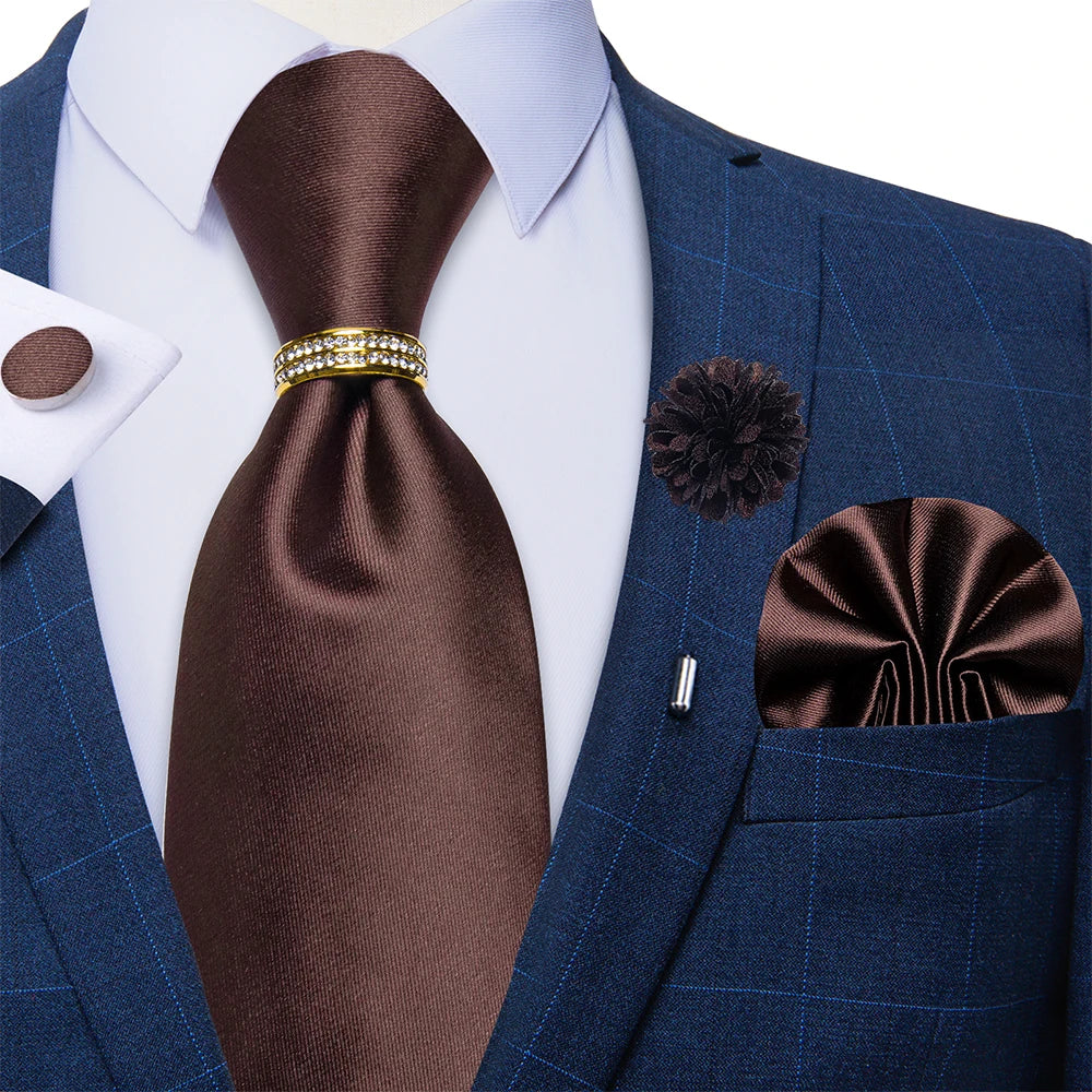 Men's Floral Red 8cm Ties Handkerchief Cufflinks Metal Ring Brooch Pin 5 Pcs Set Wedding Party Suits Accessory Gift for Husband