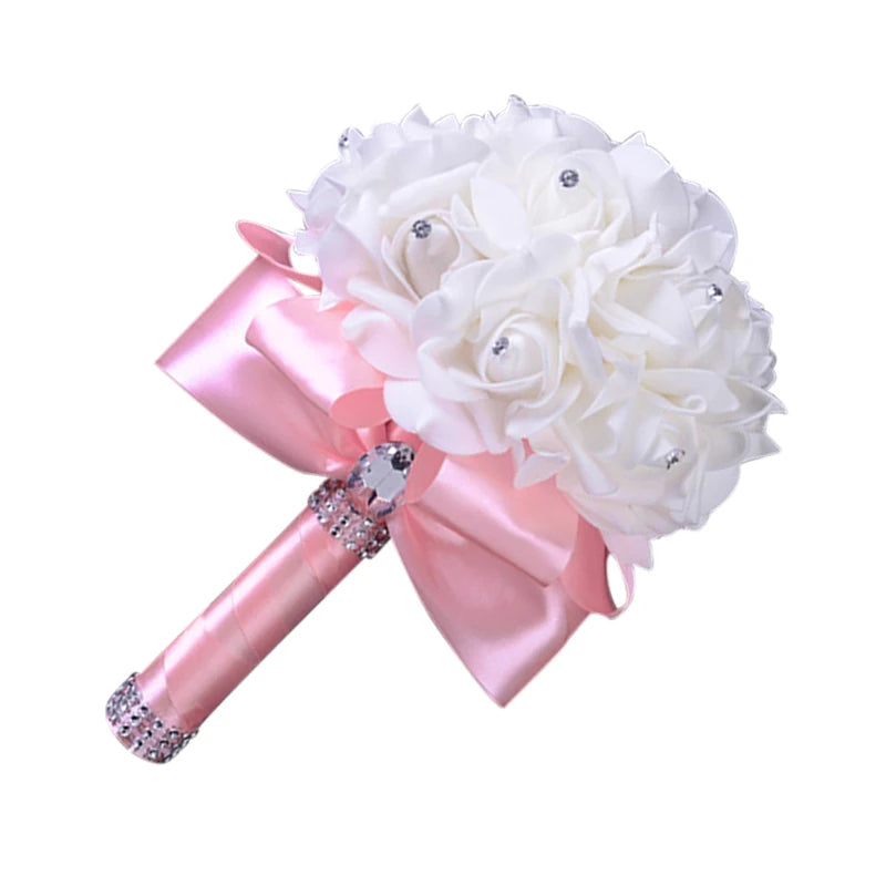 1PC Cheapest PE Rose Bridesmaid Wedding Foam Flowers Rose Bridal Bouquet Ribbon Fake Wedding Bouquet