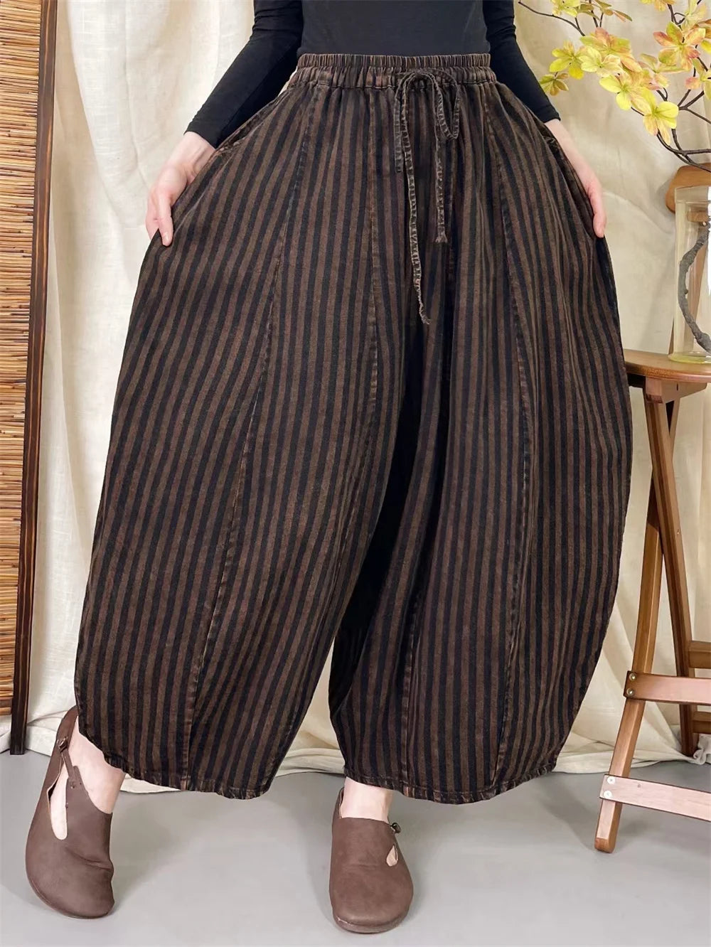 High Quality Cotton Linen Casual Pants Women New Arrival 2024 Autumn Vintage Style Striped Female High Waist Harem Pants M075