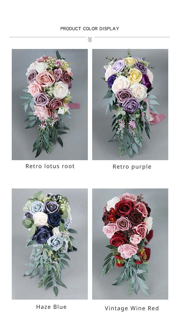 45X22CM Artificial Flower Bundle Bride Water Drops Holding Flowers Wedding Supplies Rose Silk Flower Wedding Photography Props