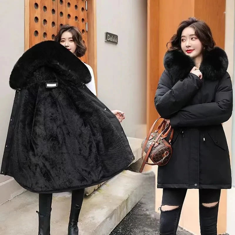 2025 Winter New Korean Edition Loose Thicken Cotton Jacket Women's Big Fur collar Hooded Coat Female Casual Warm Parker Overcoat