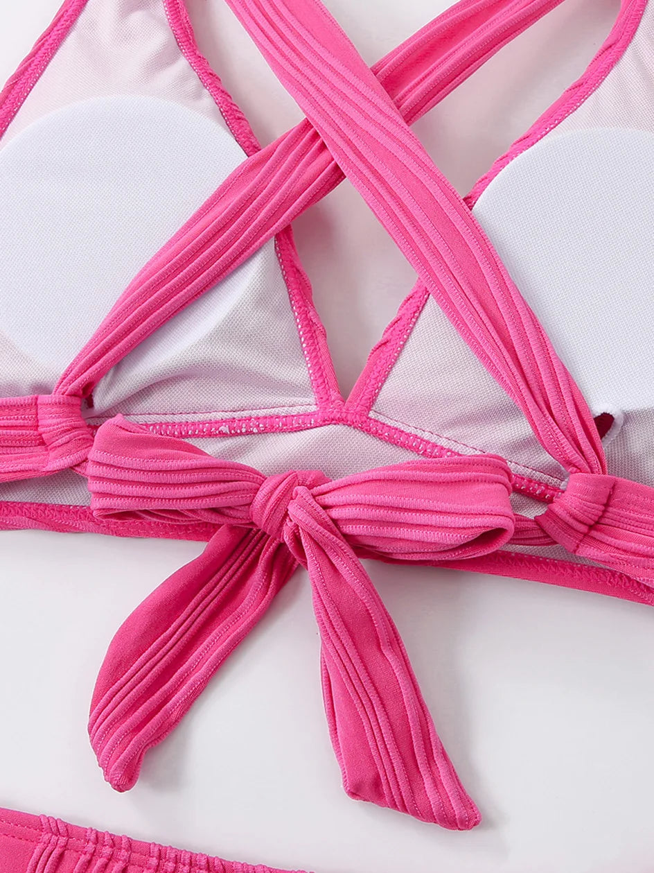 Sexy Criss Cross Tie Back Bikini Women's Swimsuit 2024 Swimwear Trend Bathing Suits Hight Waist Bikinis Sets Push Up Beach Wear