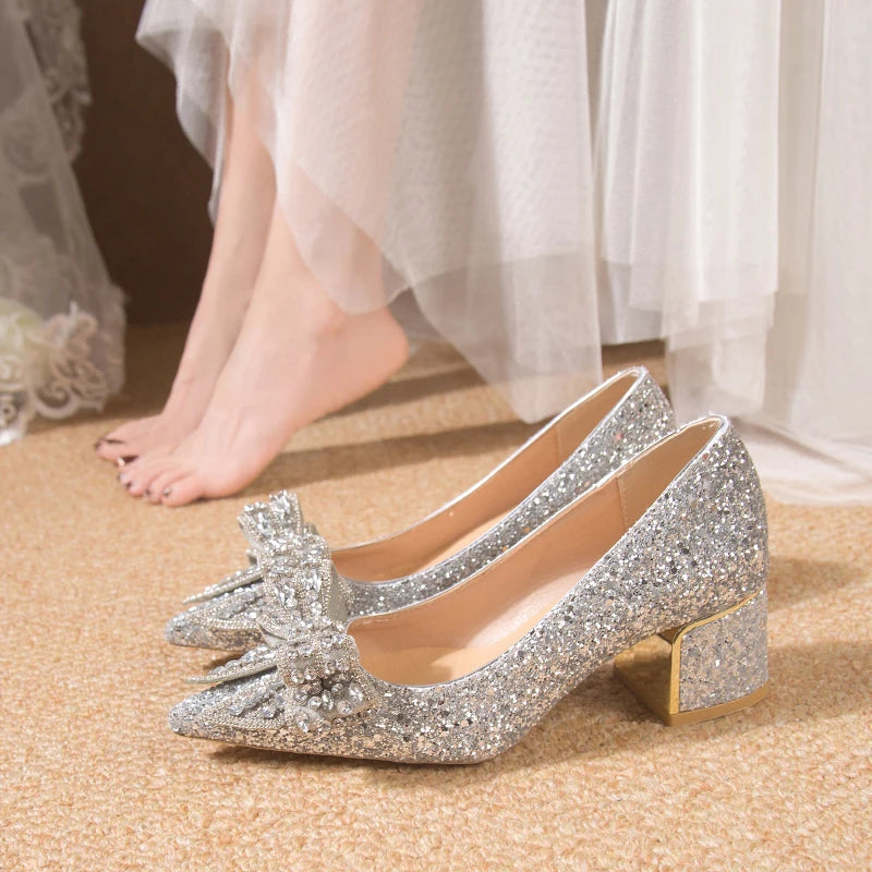 Wedding Shoes for Women 2024 Brand Fashion Women's High Heels Summer Pointed Toe New Crystal Butterfly-knot Bride Shoes