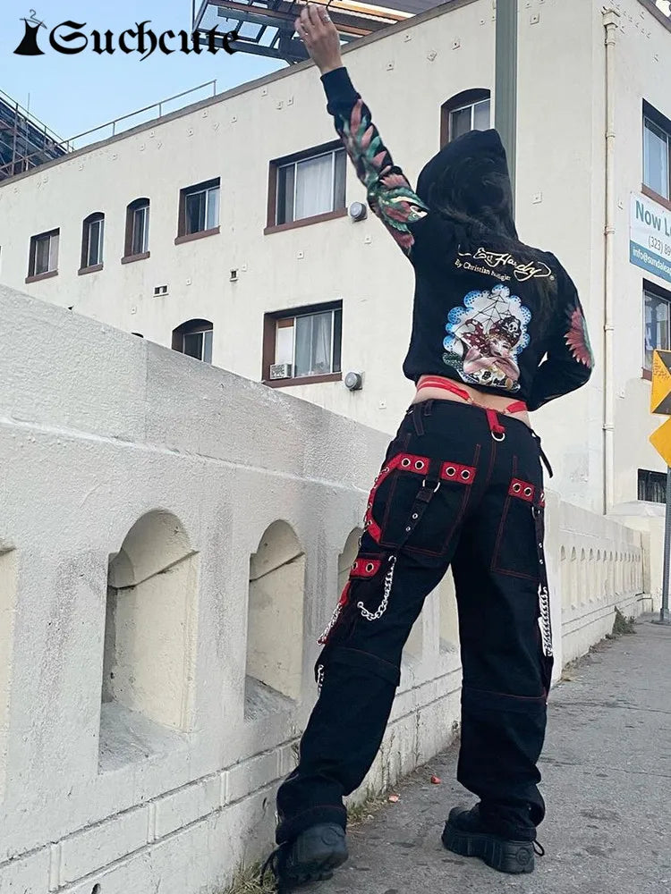 SUCHCUTE Gothic Bandage Chain Women Pants Hip Hop Fairycore Vintage Trousers Punk Style Egirl Casual Streetwear Baggy Cloths 90s