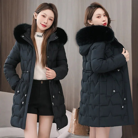 2025 New Winter Women Parka Fur Hooded Jackets Thicken Warm Cotton-padded Puffer Coat Casual Long Parkas Clothes Loose Outerwear