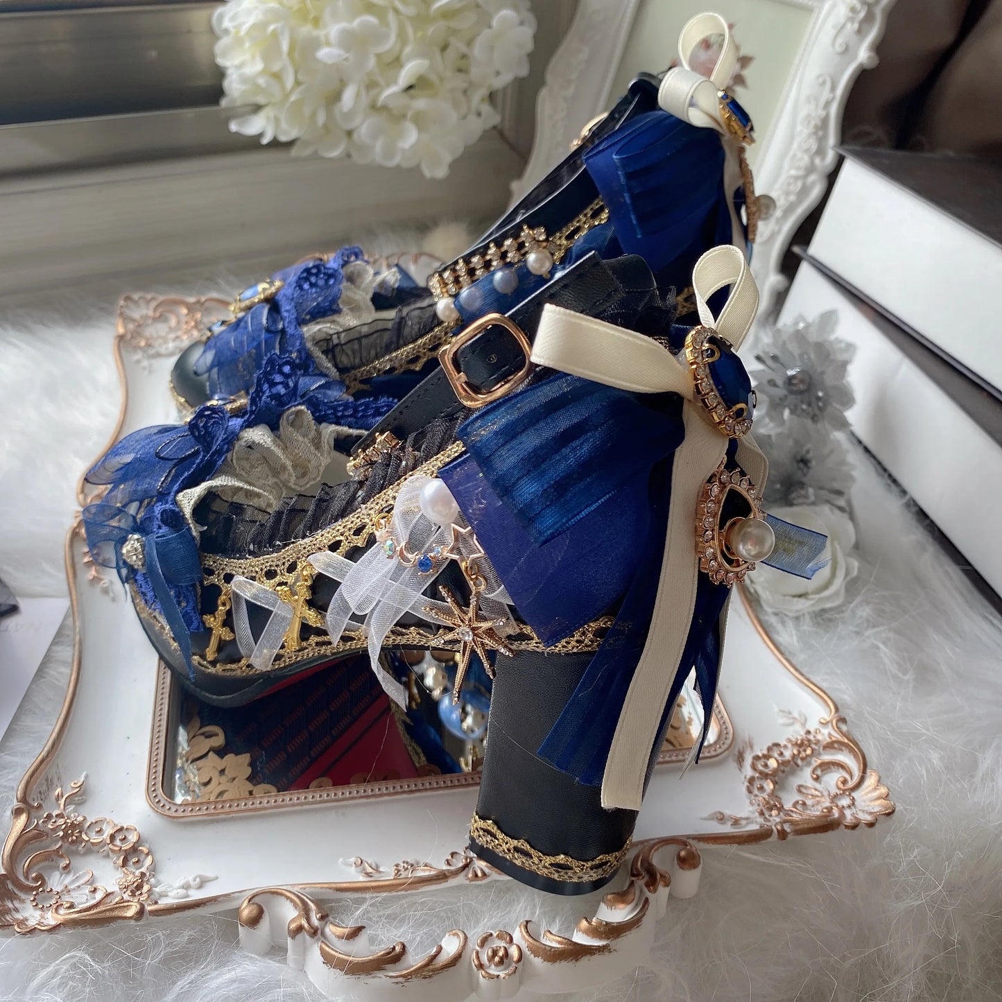 Cos Girl Heart Lolita Handmade Round Head High Heel Lo Shoes Japanese Sweet Loli Girl Tea Party Flower Wedding High Heel Shoes