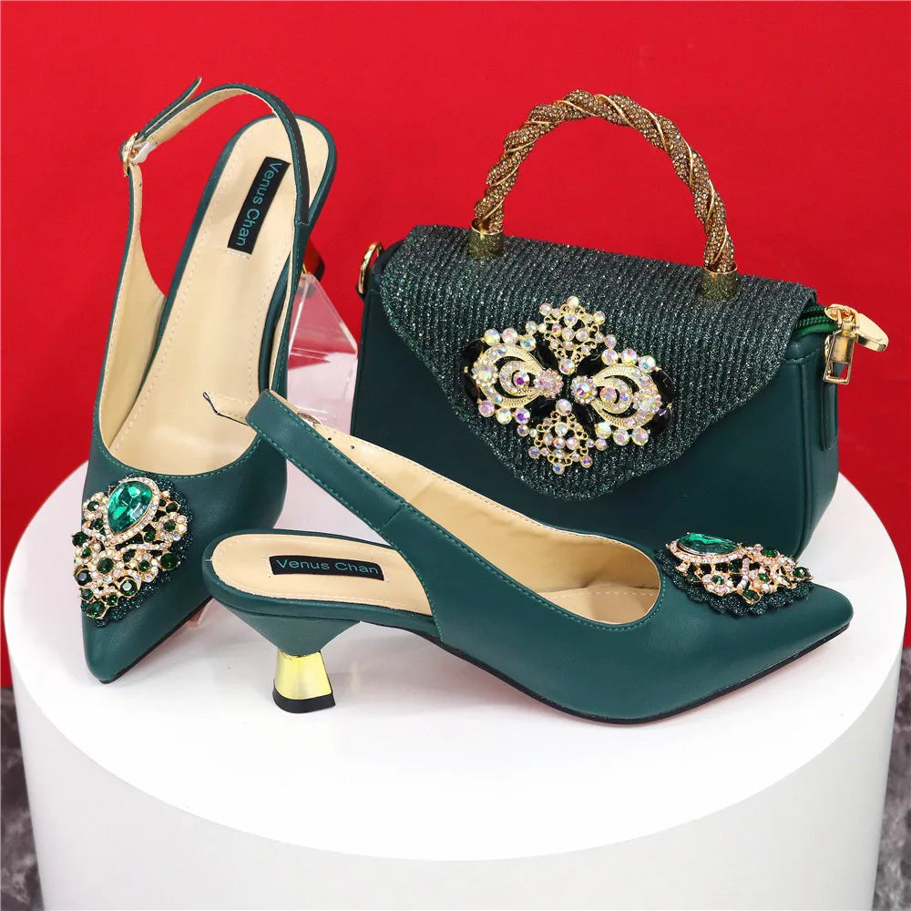 Italian 2024 Fashion Design Diamond Chain Full Diamond Bag And Pointed High Heels Noble And Generous Decoration Full Diamond