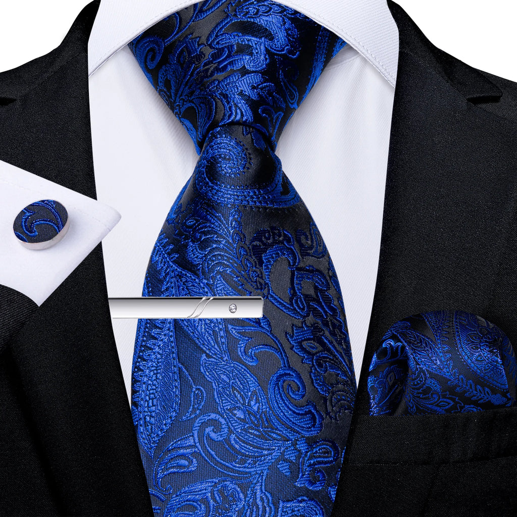 Men's Tie Set with Clip Luxury Retro Red Blue Floral 8cm Necktie Handkerchief Cufflinks Wedding Party Business Accessories Gift
