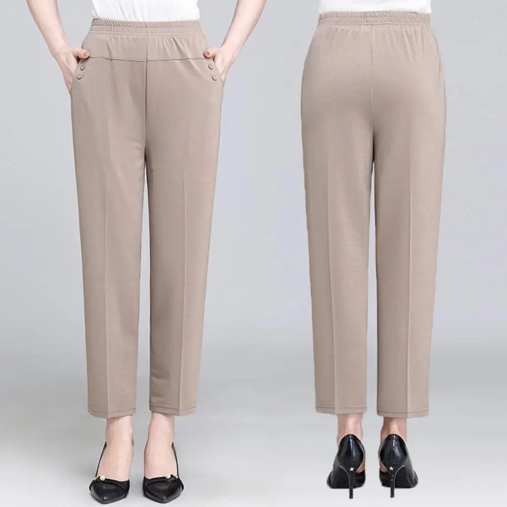 Lady Summer Ice Silk Thin Casual Cropped Pants Middle-aged Elderly Loose High Waisted Elastic Waist Women Pants Casual Trousers