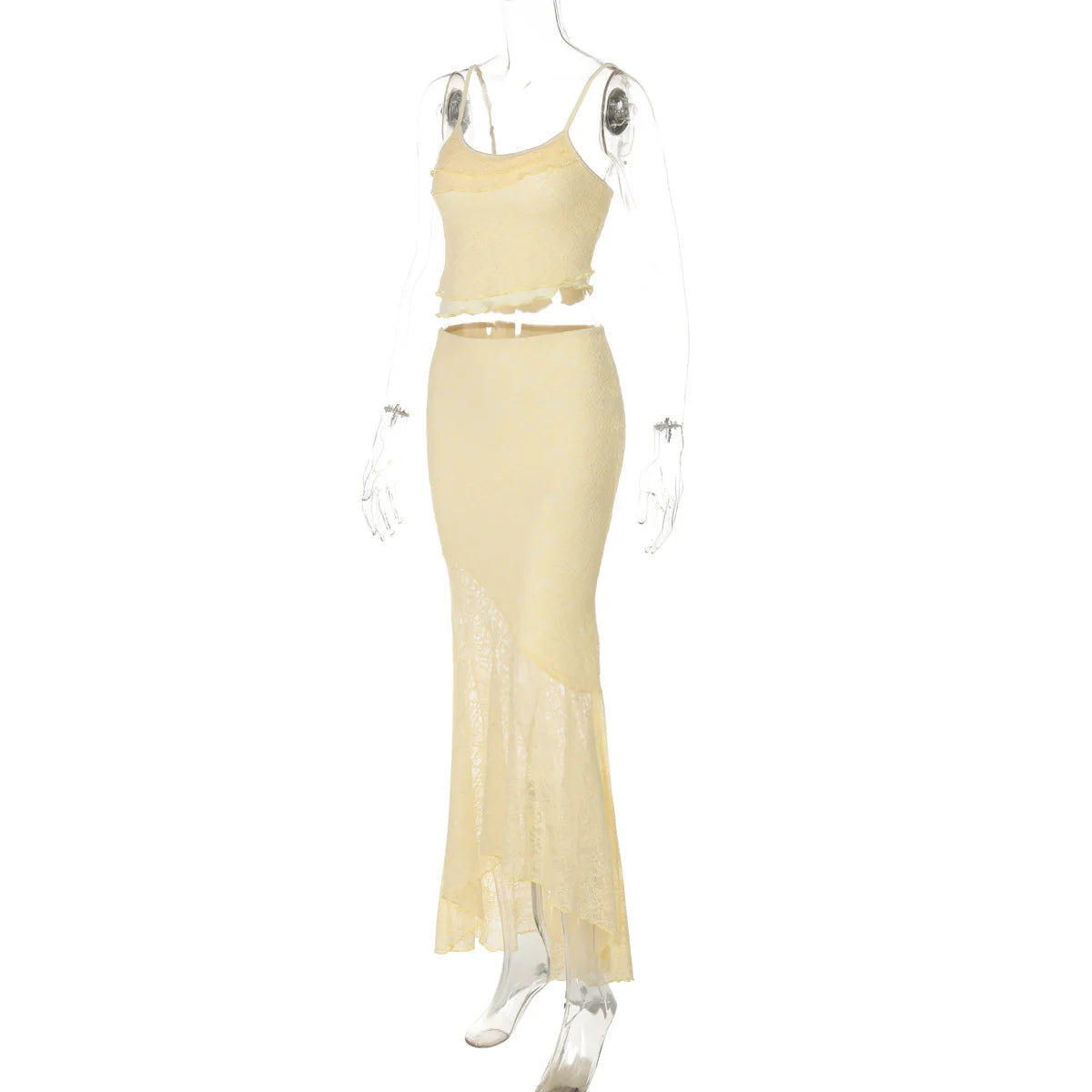 Tuularose Lace Sling Long Skirt Set Summer See-through Backless High Waisted Women Two Piece Sexy Beach Vacation Long Skirt Set