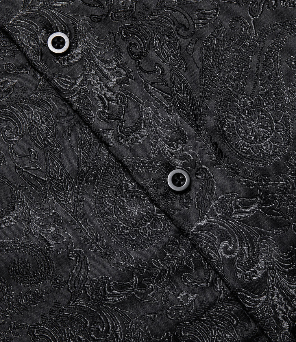 DiBanGu Silk Polyester Dress Shirts for Men Black Solid Paisley Red Silver Long Sleeve Turn Down Collar Prom Social Men's Shirt